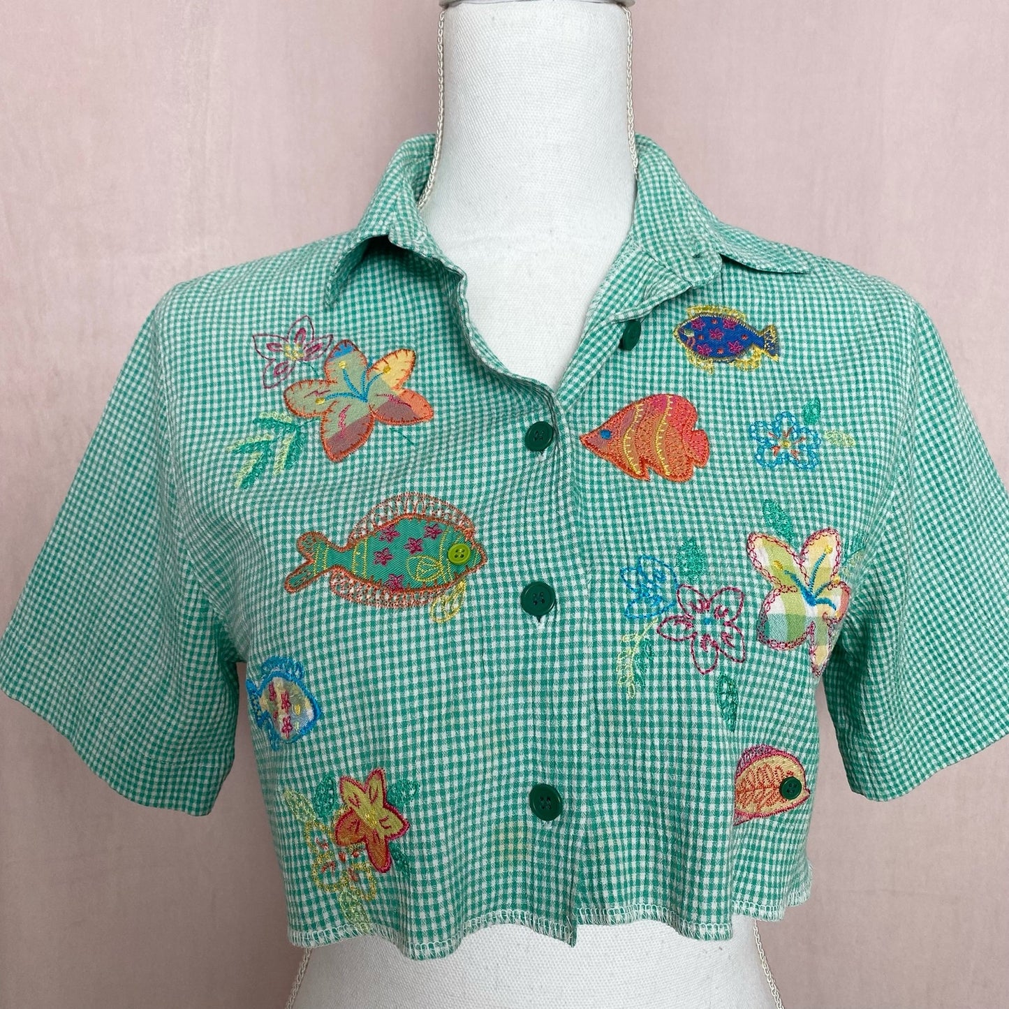 Upcycled Vintage Crop Embroidered Shirt, Size Small