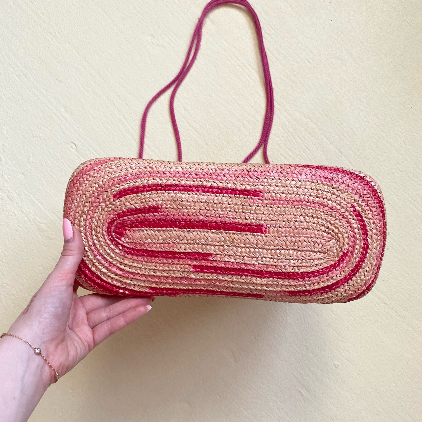 Secondhand Pink Tan Beaded Straw Tote Shoulder Bag