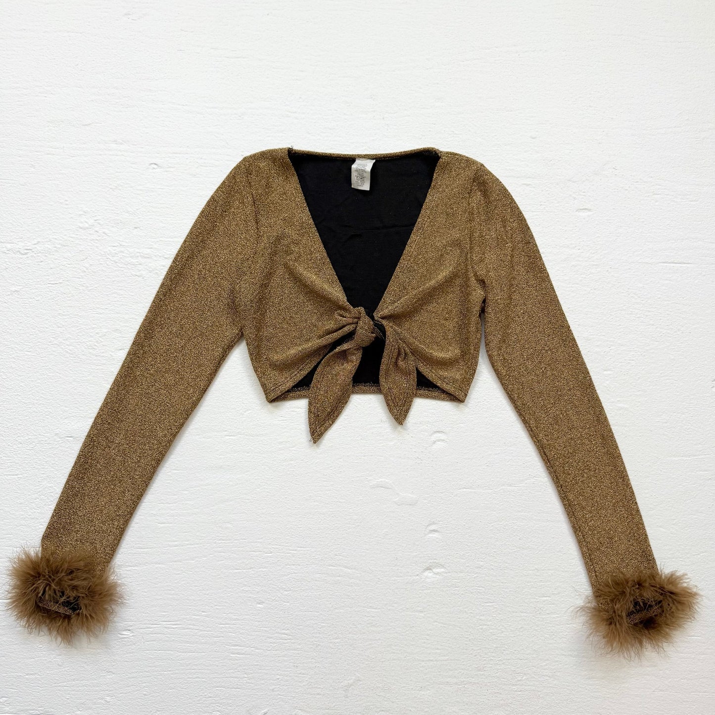 Y2K Sparkly Gold Tie Front Crop Top Shrug Feather Trim, Size Small