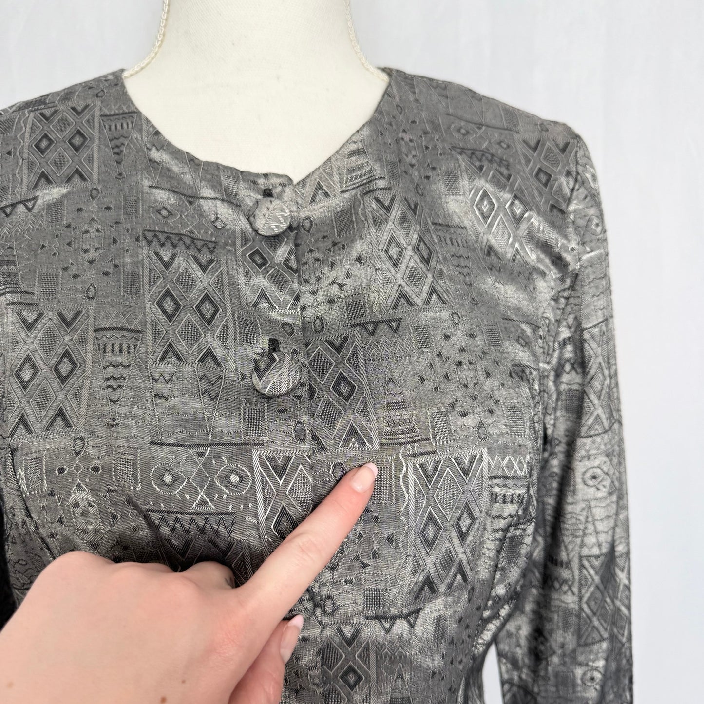 Vintage 80s True Wit Skirt Suit Set Gray Satin Geometric Print, Size 5/6