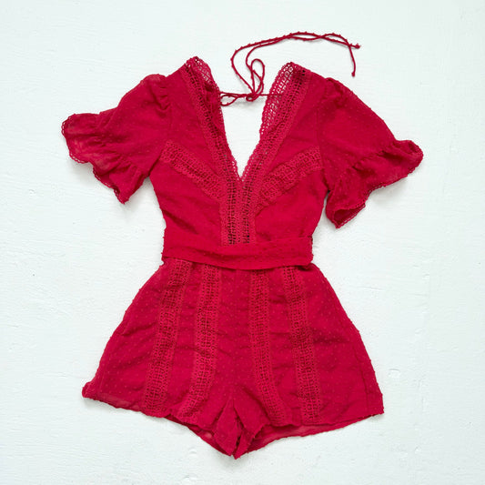 Secondhand Chicways Red Lace Polka Dot Romper, Size Small