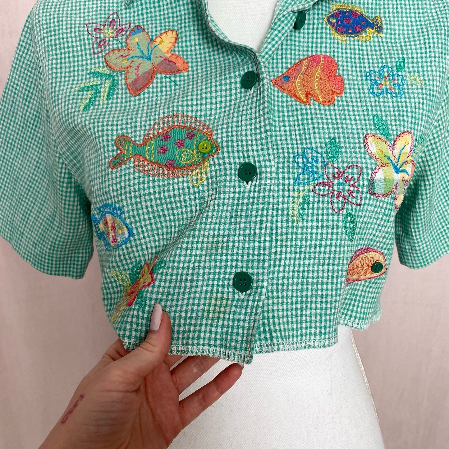 Upcycled Vintage Crop Embroidered Shirt, Size Small