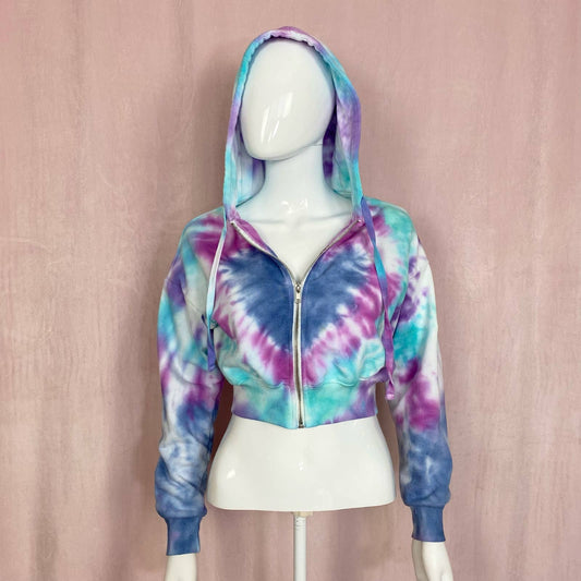 Upcycled Forever 21 Heart Tie Dye Crop Zip Hoodie, Size Small