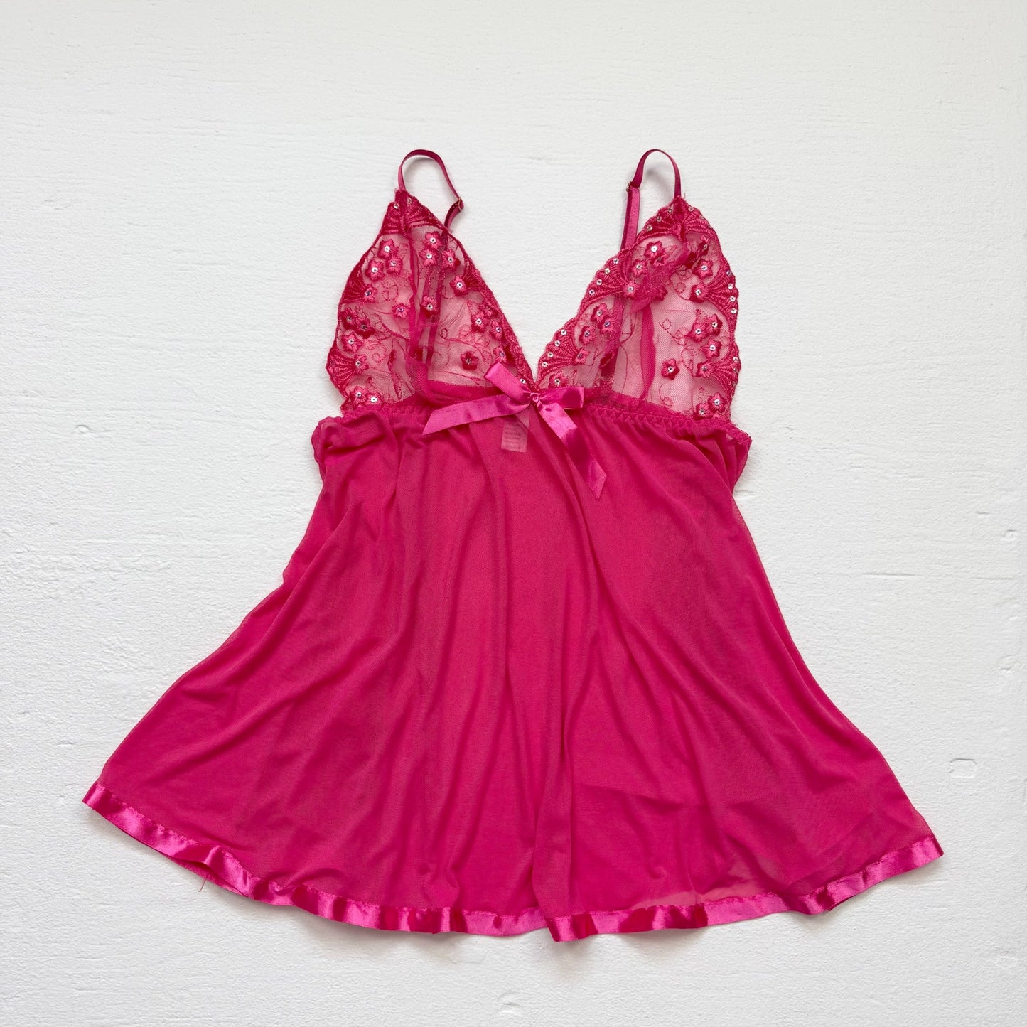 Secondhand Pink Mesh Sequin Lace Babydoll Lingerie Mini Nightgown, Size XL
