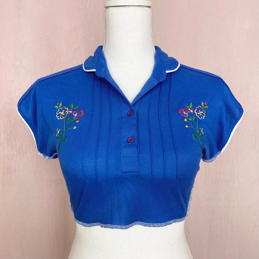 Upcycled Vintage Embroidered Button Front Crop Top, Size Small