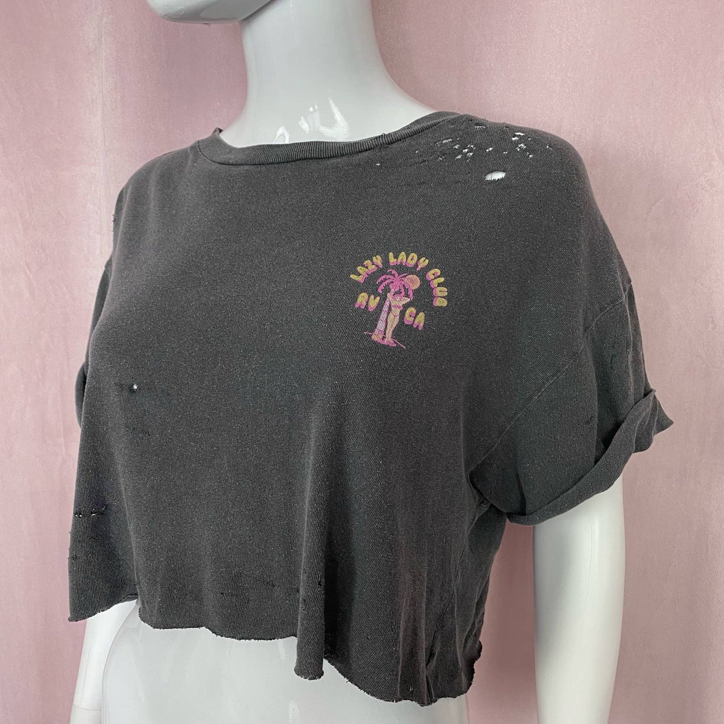 Reworked RVCA Lazy Lady Club Distressed Crop Tee, Size Small
