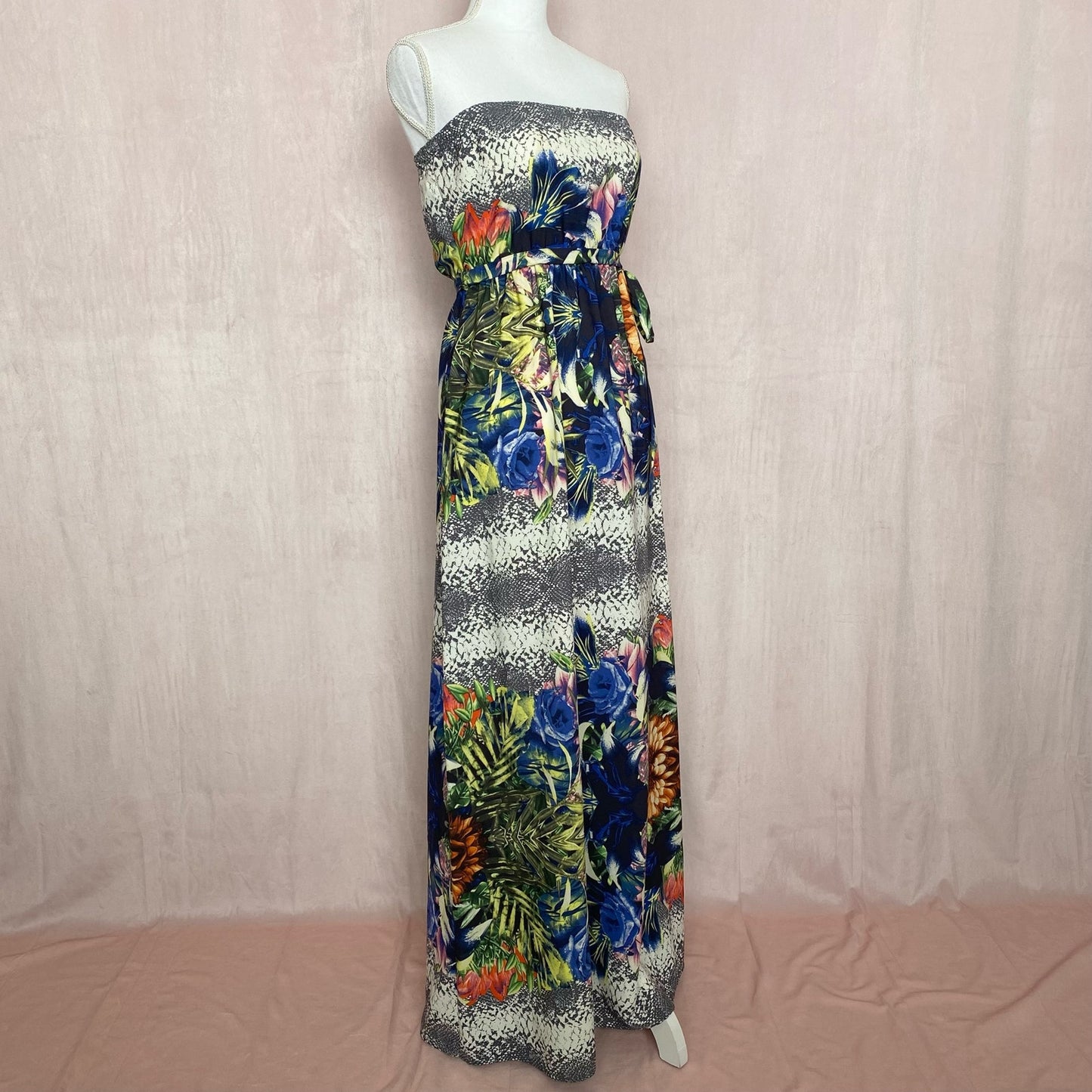 Secondhand Black Bead Tropical Snake Print Strapless Maxi Dress, Size Small