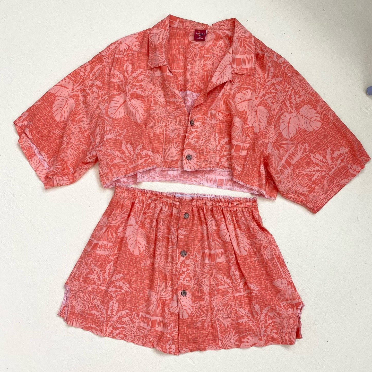 Upcycled Hawaiian Crop Button Up Shirt & Skirt Set, Size Large