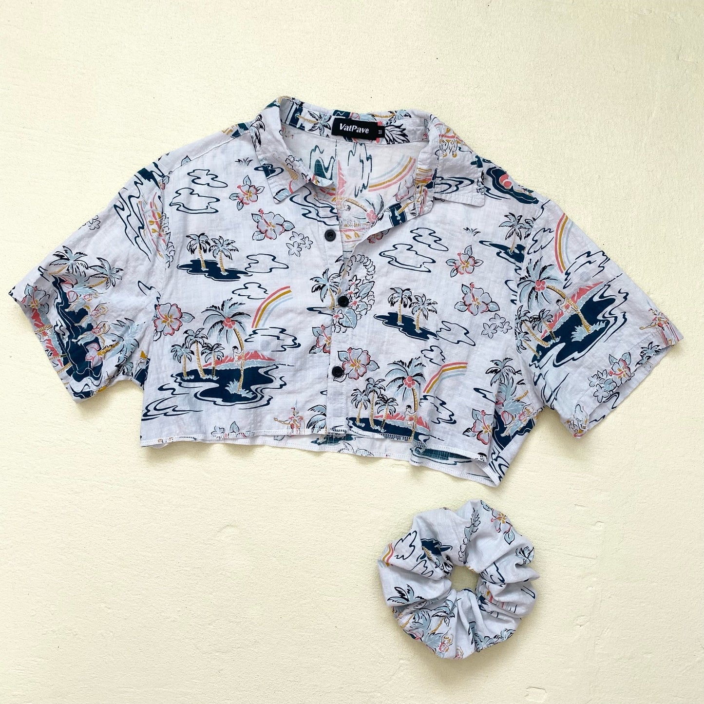 Upcycled Crop Hawaiian Shirt & Scrunchie Set, Size Medium