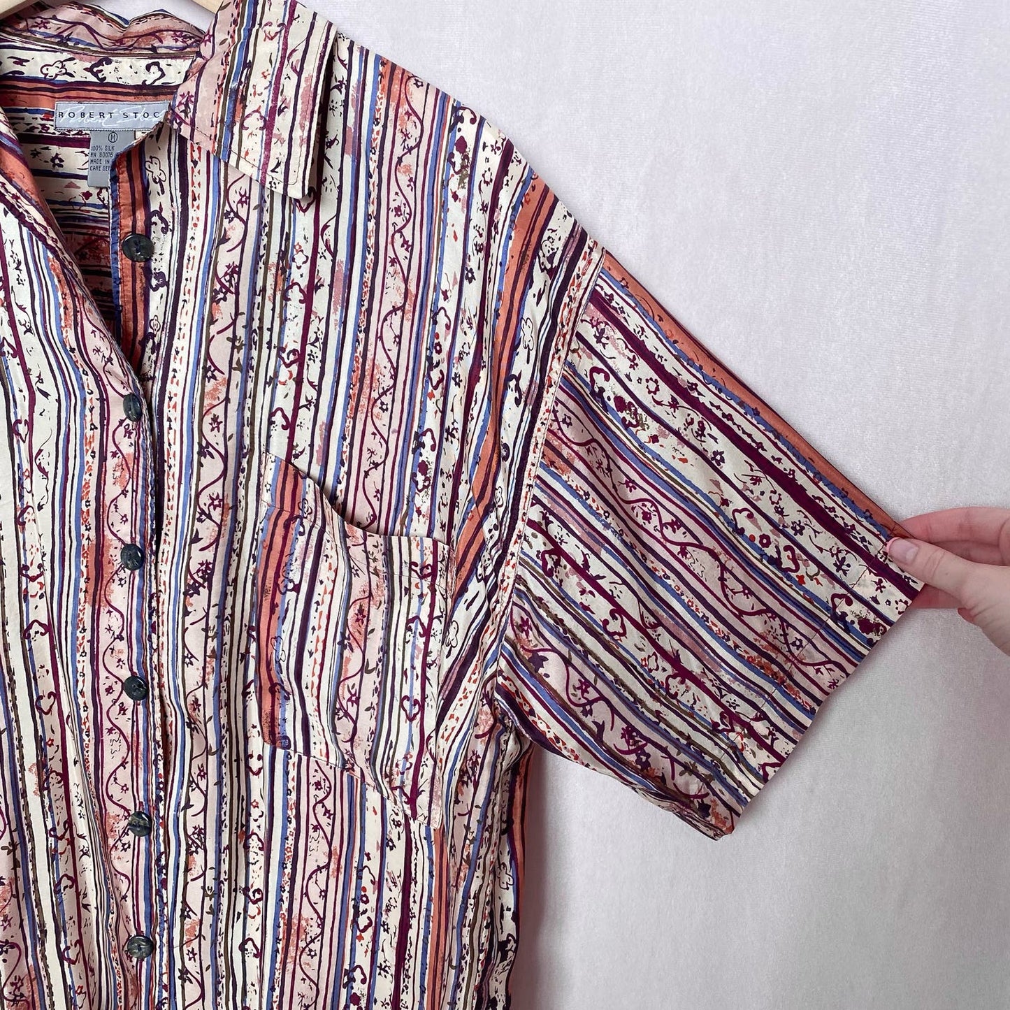 Vintage Robert Stock Silk Stripe Button Up Shirt, Size Medium