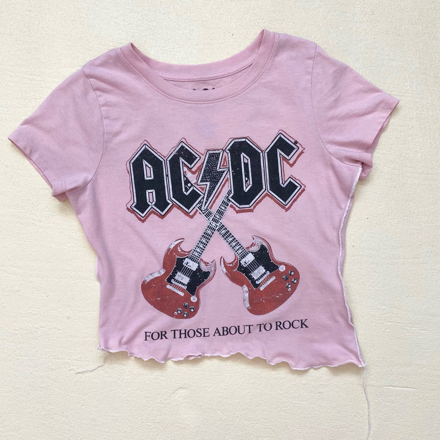 Upcycled AC/DC Graphic Asymmetrical Crop Baby Tee, Size Small