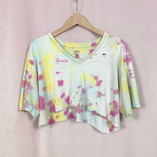 Upcycled Grunge Tie Dye Crop Oversized V-Neck Tee