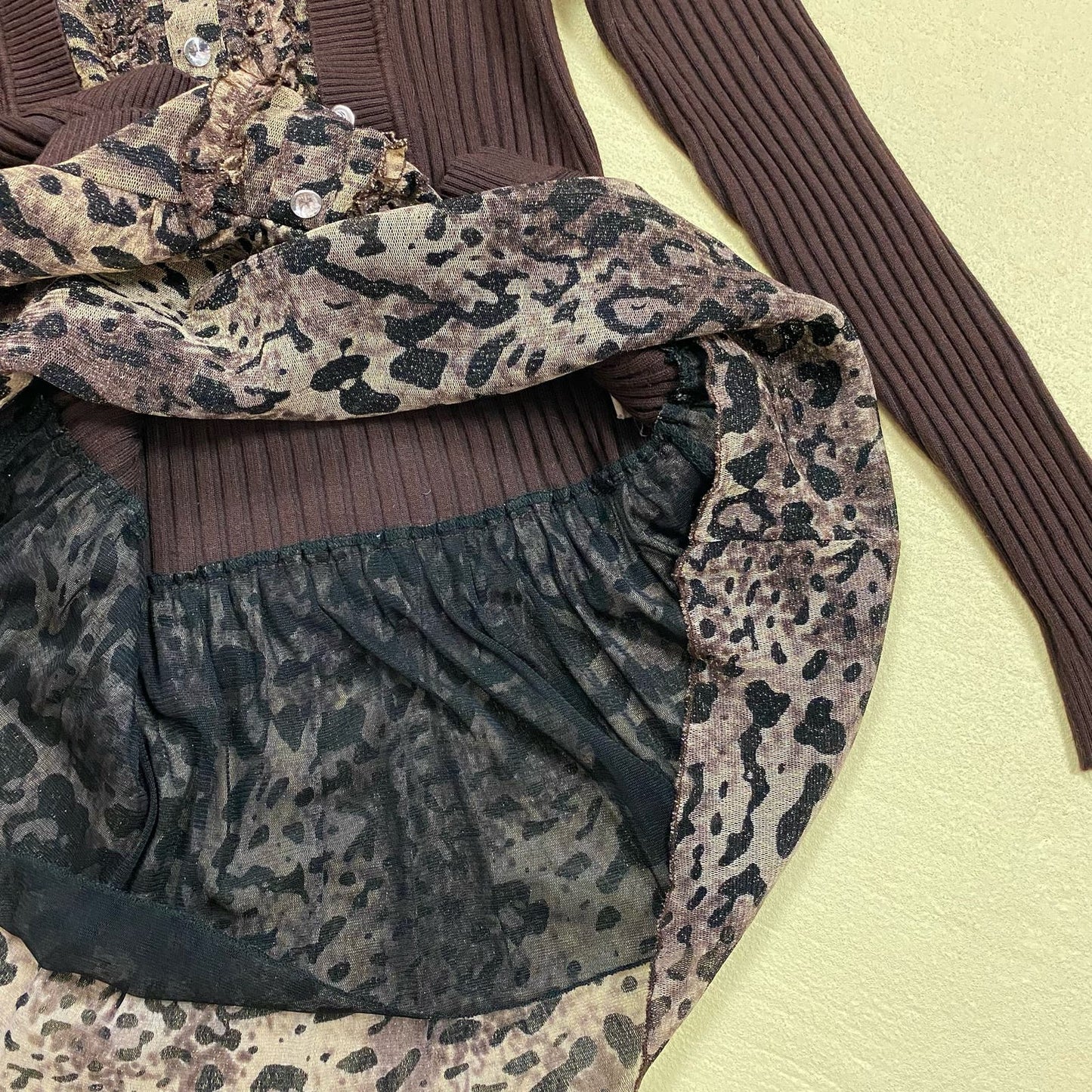 Vintage Ribbed Cardigan Leopard Print Mesh Top, Size Small