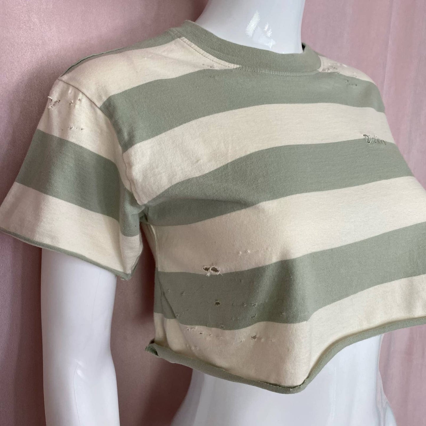 Reworked Dickies Rugby Stripe Distressed Crop Tee, Size XS
