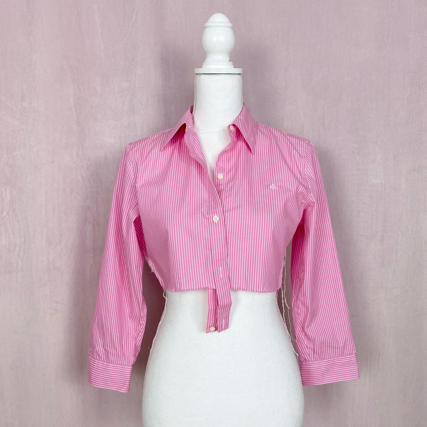 Upcycled Ralph Lauren Pink Stripe Crop Button Up Top, Size XS