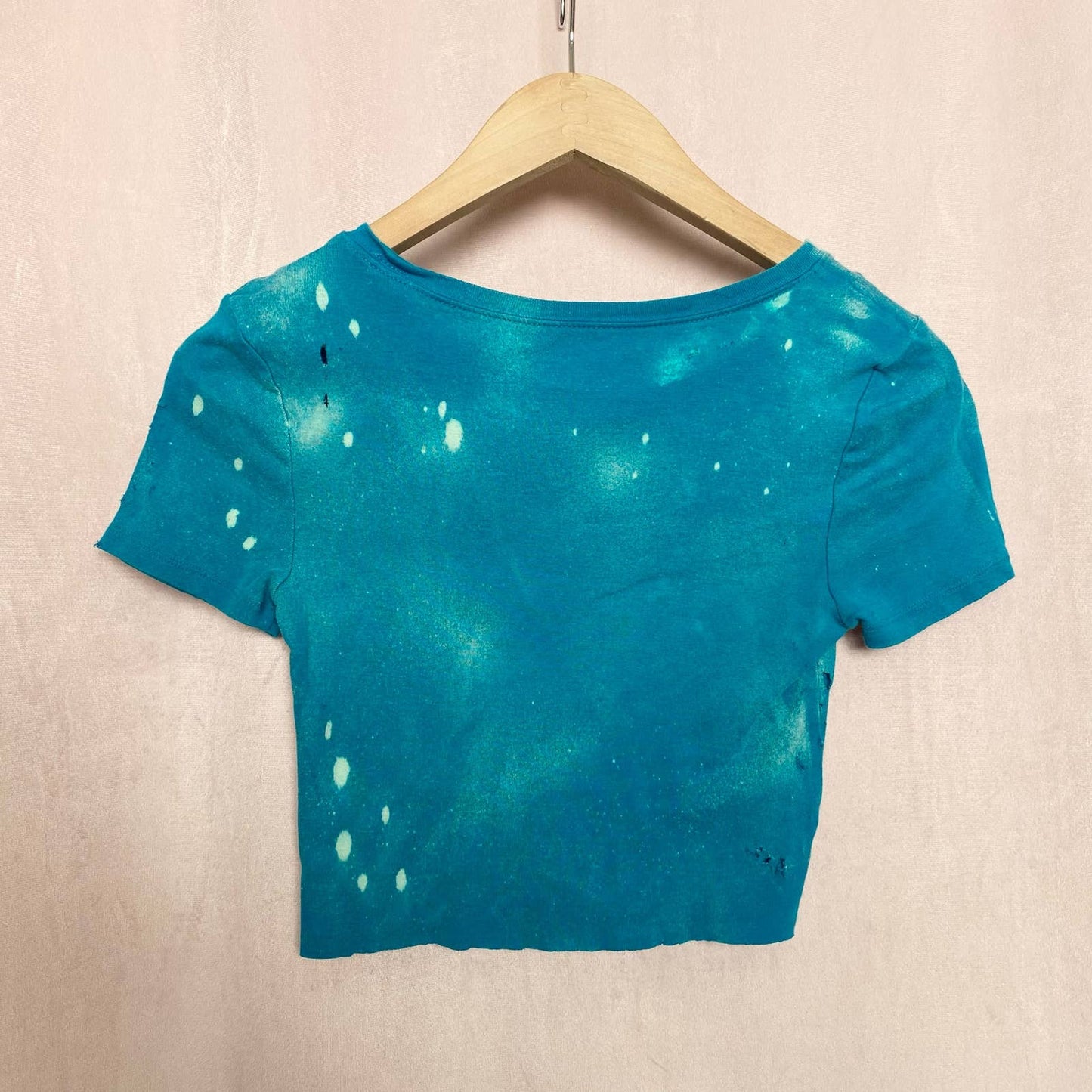Reworked Distressed Acid Wash Blue Crop Tee, Size XS