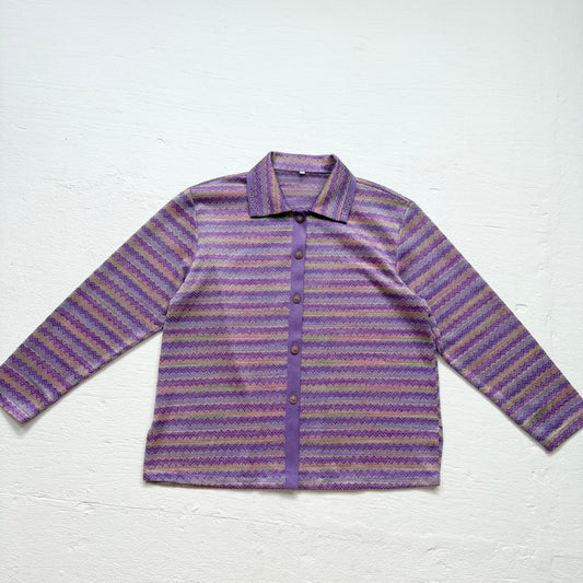 Secondhand Purple Zigzag Metallic Stripe Knit Button Up Rhinestone Collar, Size XL