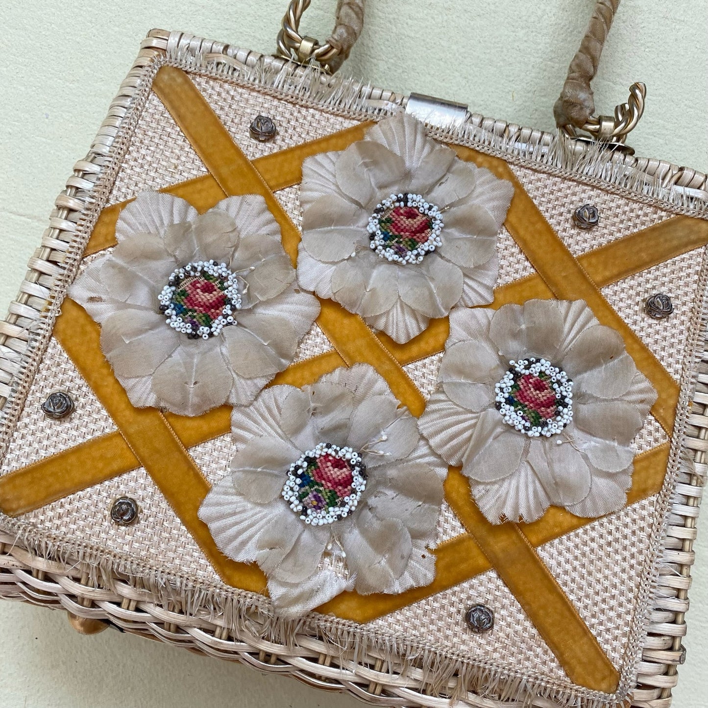 Vintage Wicker Basket Floral Beaded Handbag