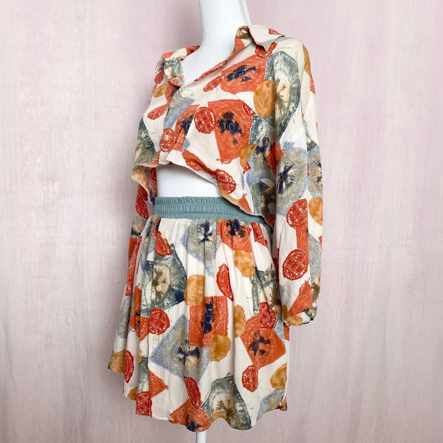 Upcycled Vintage Button Front Two Piece Skirt Set, Size S/M