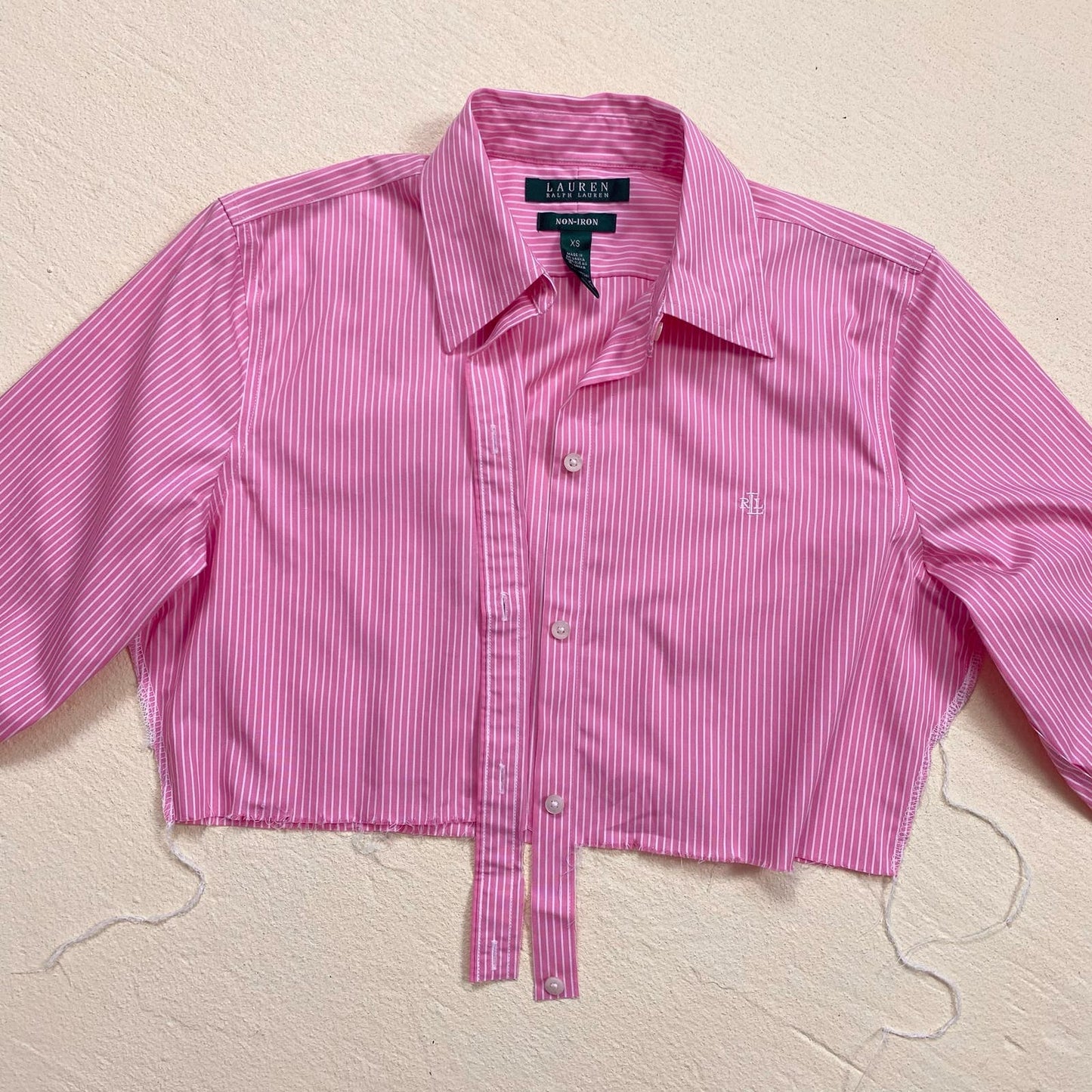 Upcycled Ralph Lauren Pink Stripe Crop Button Up Top, Size XS