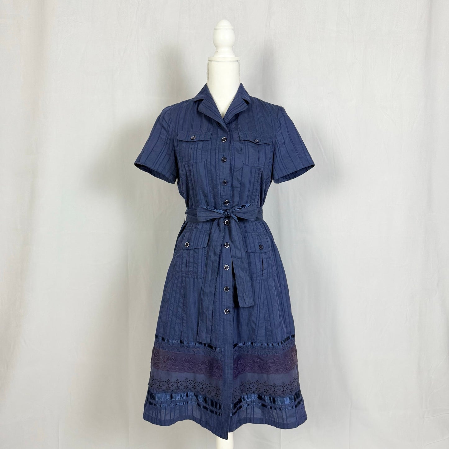 Secondhand Voll Navy Blue Button Down Midi Shirt Dress, Size Medium