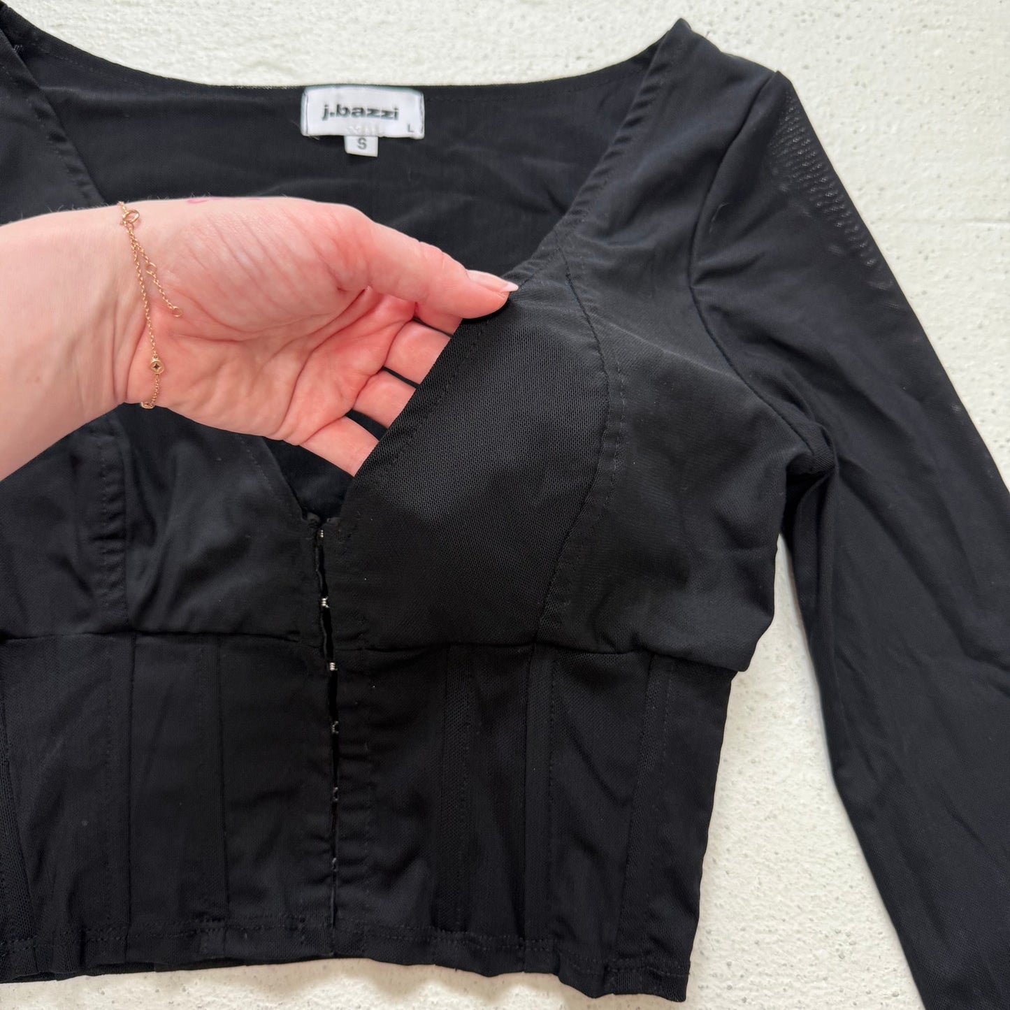 Secondhand J.Bazzi Black Mesh Corset Bustier Long Sleeve Crop Top, Size Small