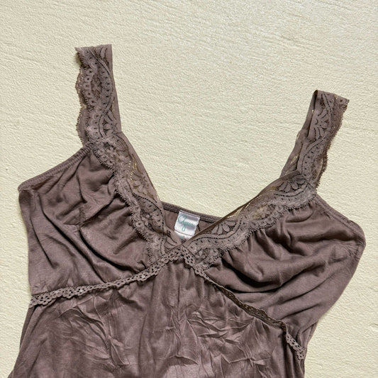 Y2K Aqua Lace Trim Brown Cami Tank Top, Size Medium