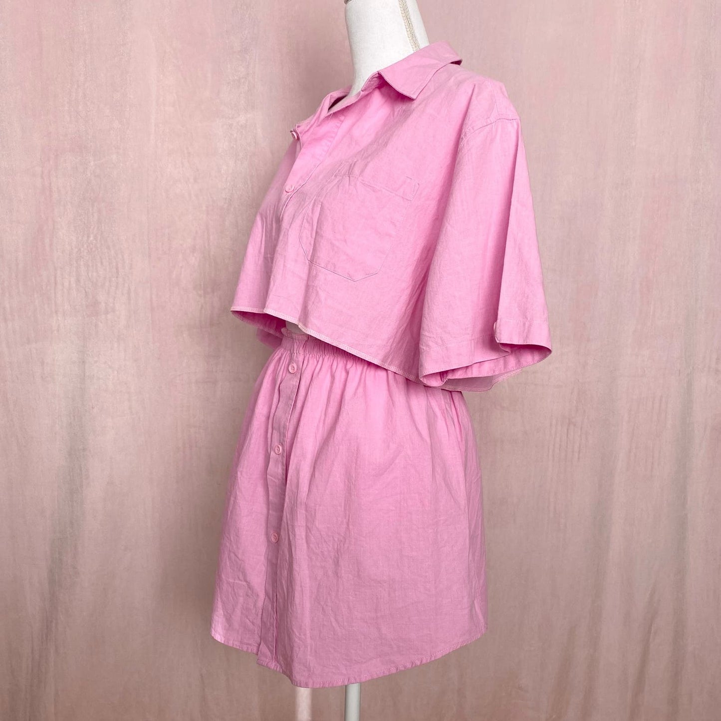Upcycled Pink Cotton Linen Two Piece Skirt Set, Size M/L