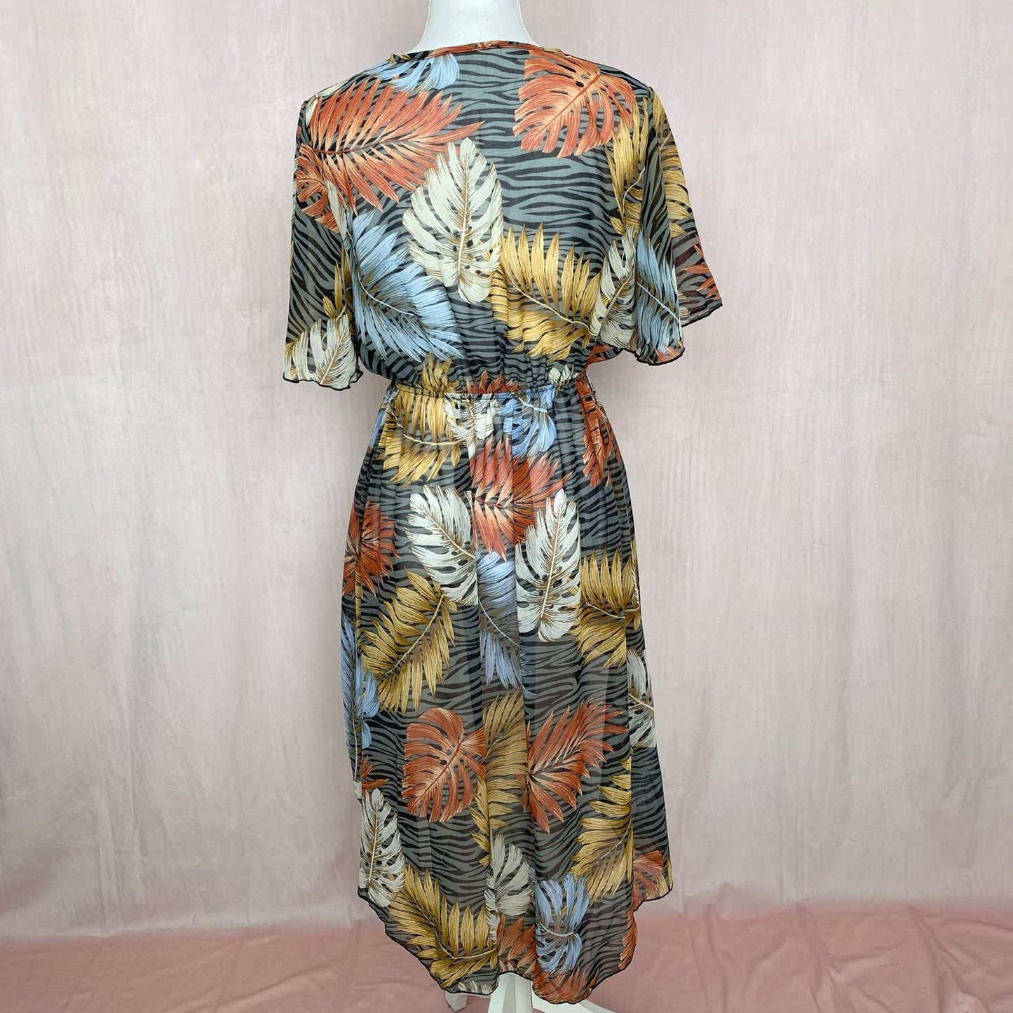 Secondhand Timing Tropical Palm Leaf Sheer Tie Front Kimono, Size Small