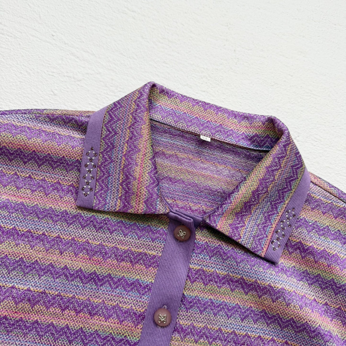 Secondhand Purple Zigzag Metallic Stripe Knit Button Up Rhinestone Collar, Size XL