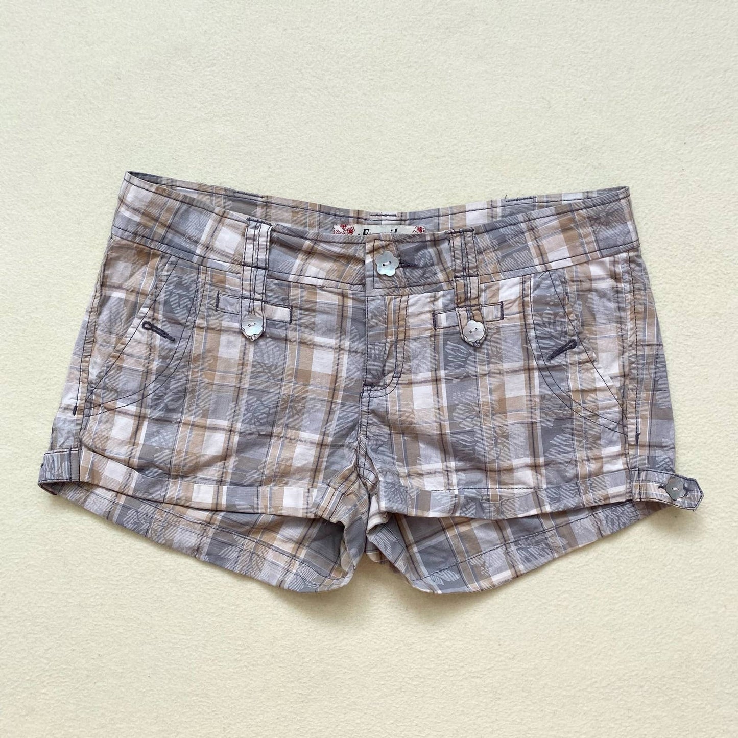 Y2K Fragile Plaid Floral Low Rise Shorts, Size 7