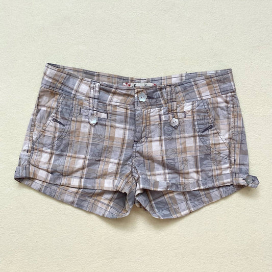 Y2K Fragile Plaid Floral Low Rise Shorts, Size 7