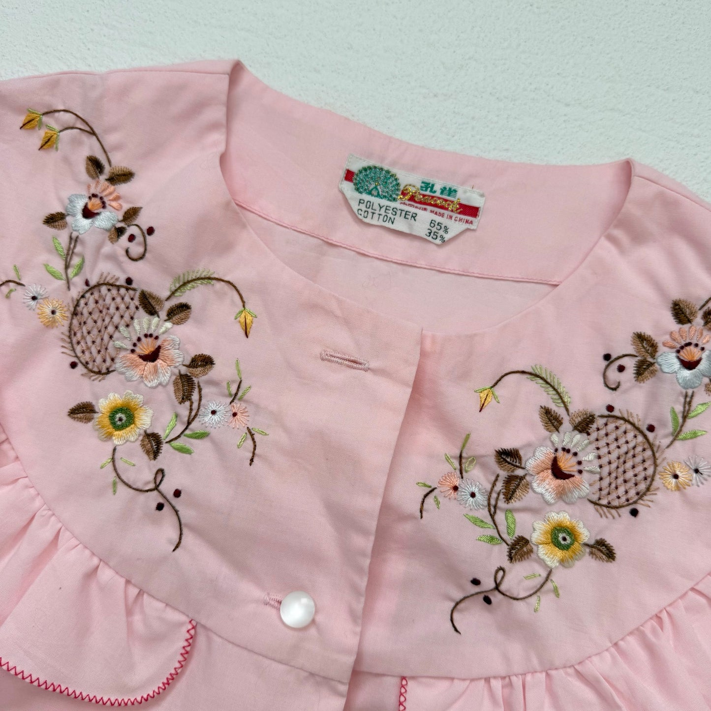 Vintage Pink Embroidered Ruffle Button Up Top, Size Small