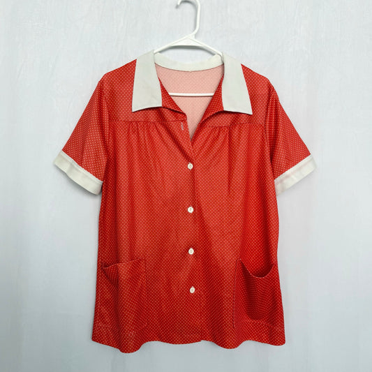 Vintage 60s Red Polka Dot Button Up Shirt, Size Large
