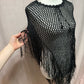 Secondhand Black Crochet Open Knit Fringe Hem Poncho
