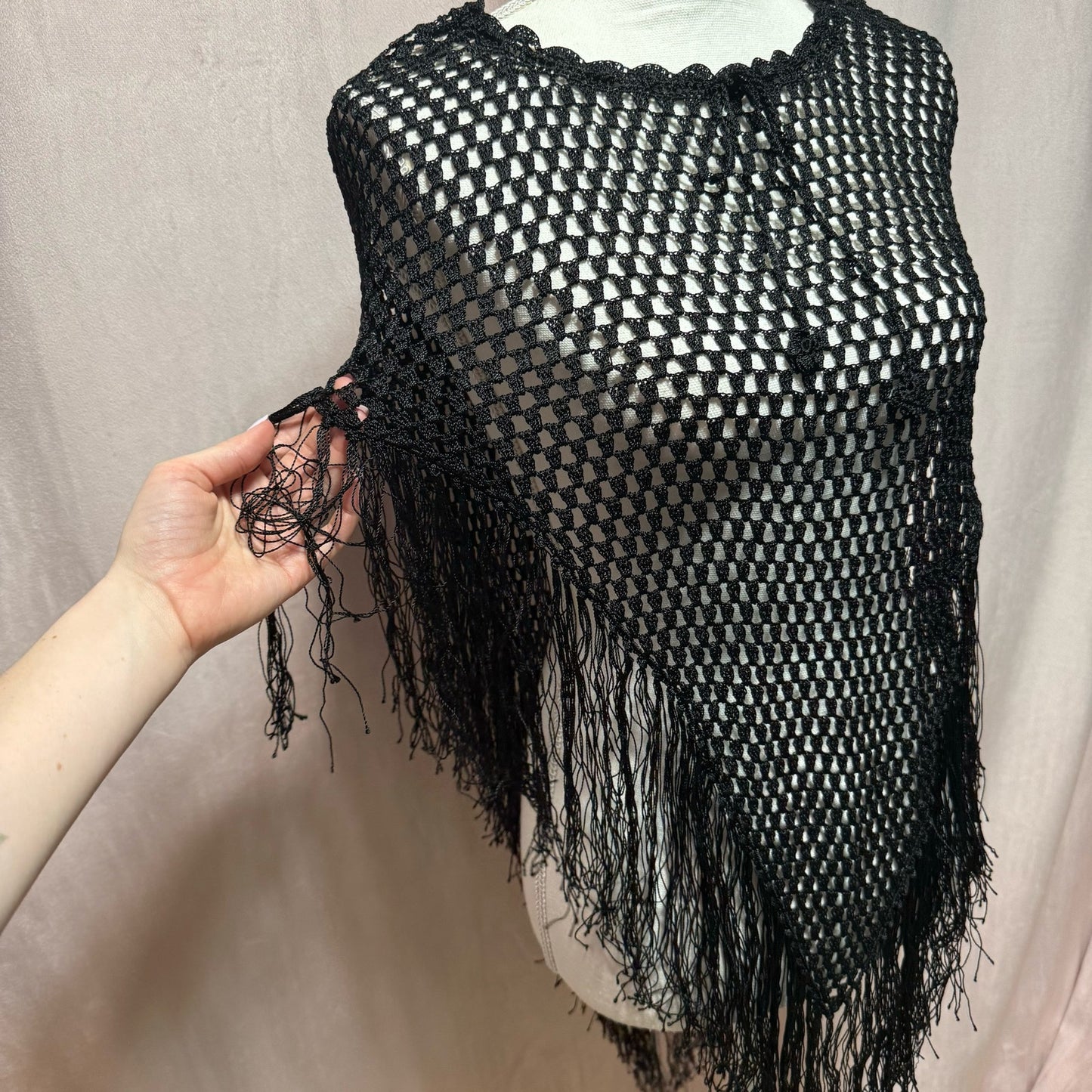 Secondhand Black Crochet Open Knit Fringe Hem Poncho