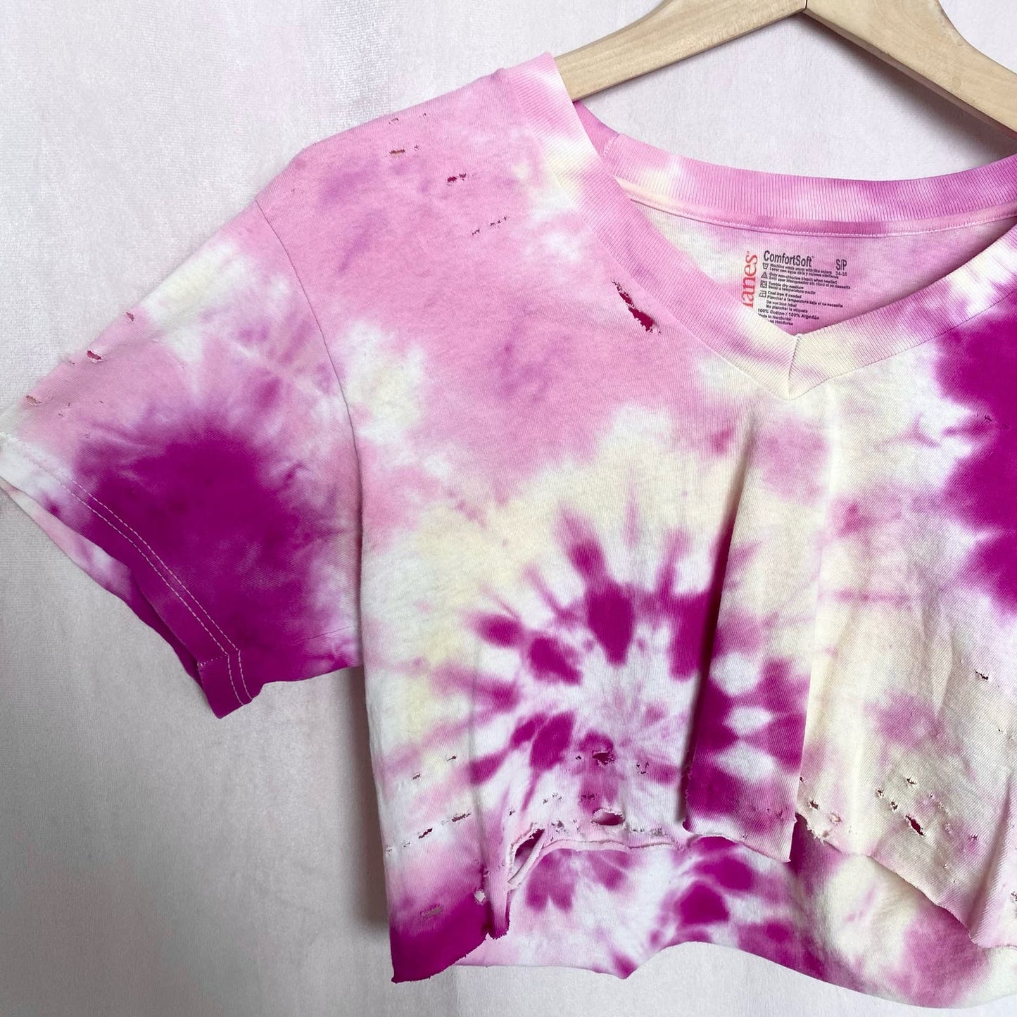 Upcycled Distressed Pink Purple Tie Dye Crop Tee, Size Small