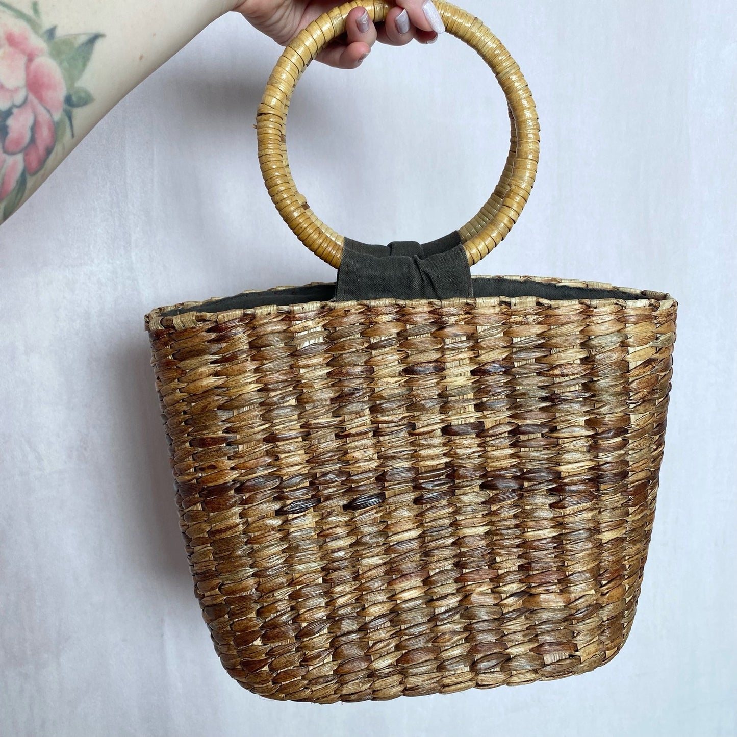 Secondhand Esprit Floral Embroidered Basket Straw Handbag