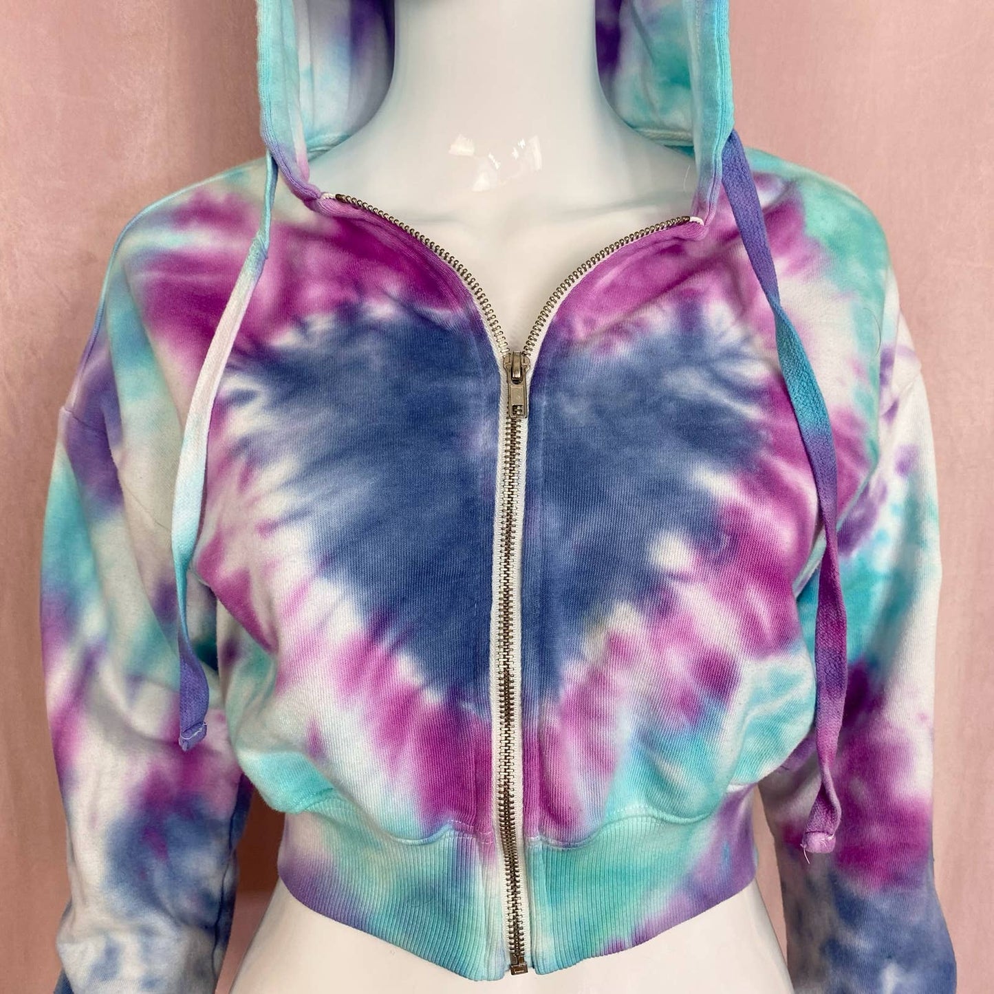Upcycled Forever 21 Heart Tie Dye Crop Zip Hoodie, Size Small