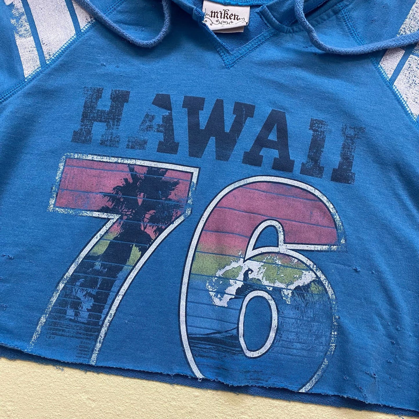 Reworked Y2K Hawaii Distressed Crop Short Sleeve Hoodie, Size XS