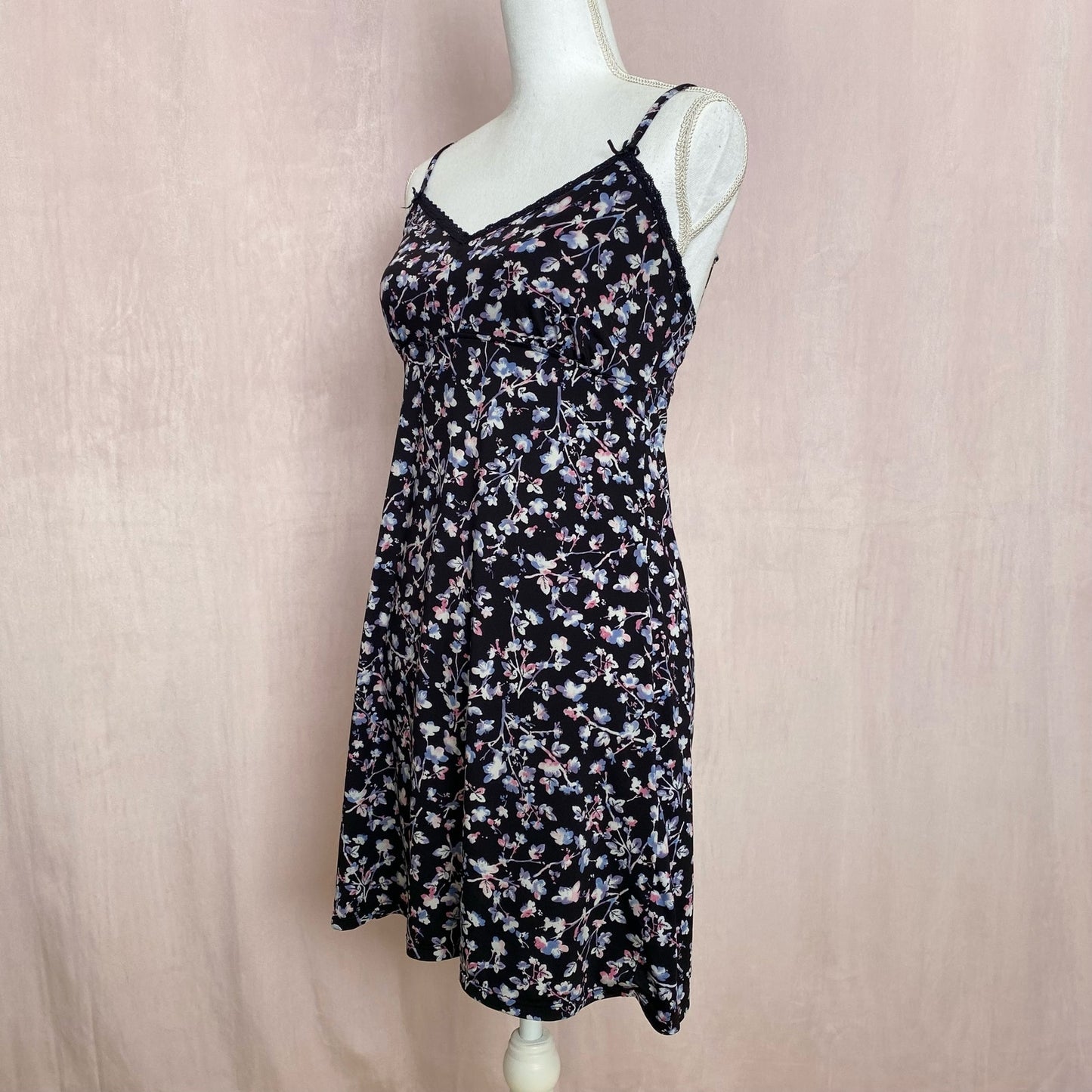 Y2K Floral Lace Trim Chemise Mini Dress, Size Medium