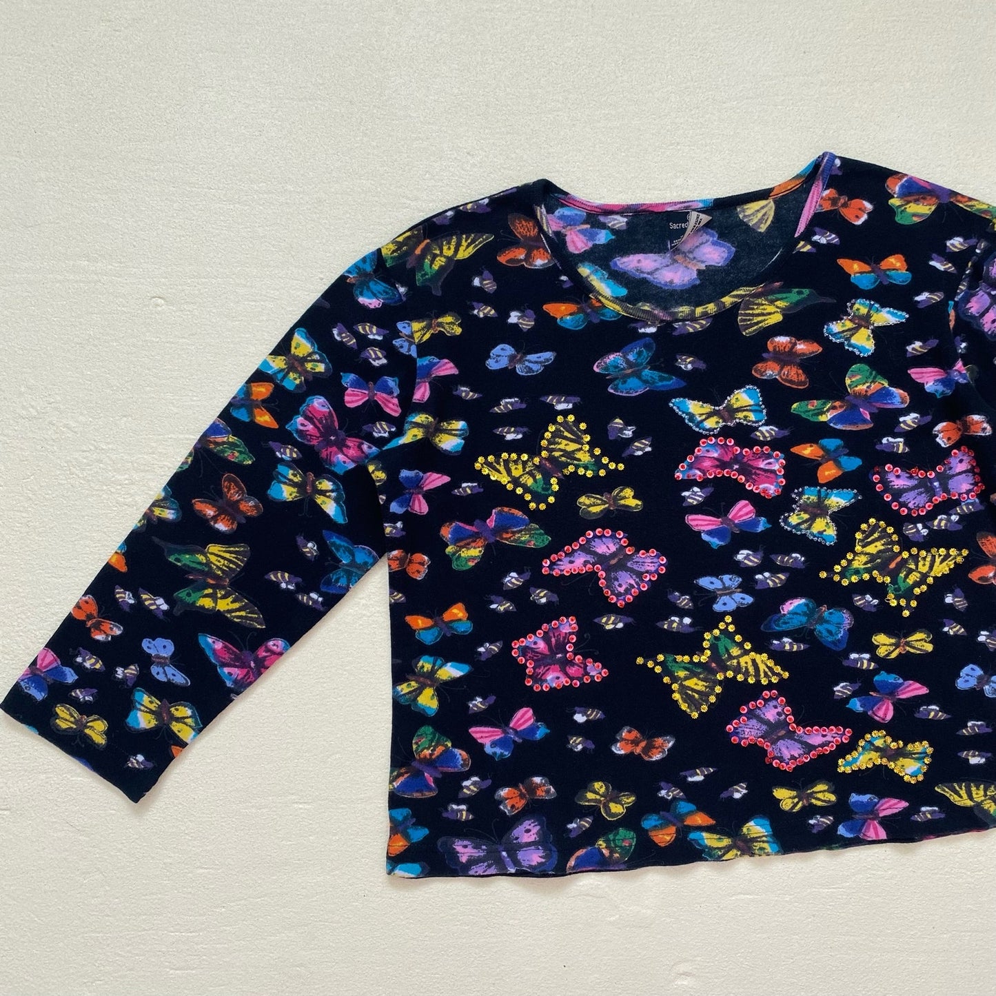 Y2K Sacred Threads Butterfly Sequins Top, Size S/M