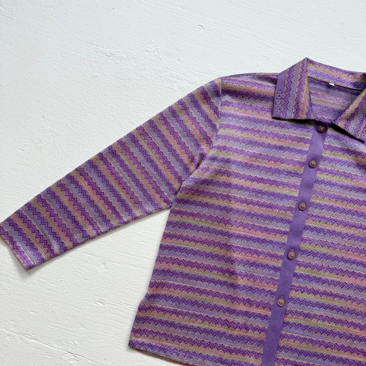 Secondhand Purple Zigzag Metallic Stripe Knit Button Up Rhinestone Collar, Size XL