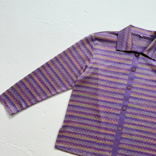 Secondhand Purple Zigzag Metallic Stripe Knit Button Up Rhinestone Collar, Size XL