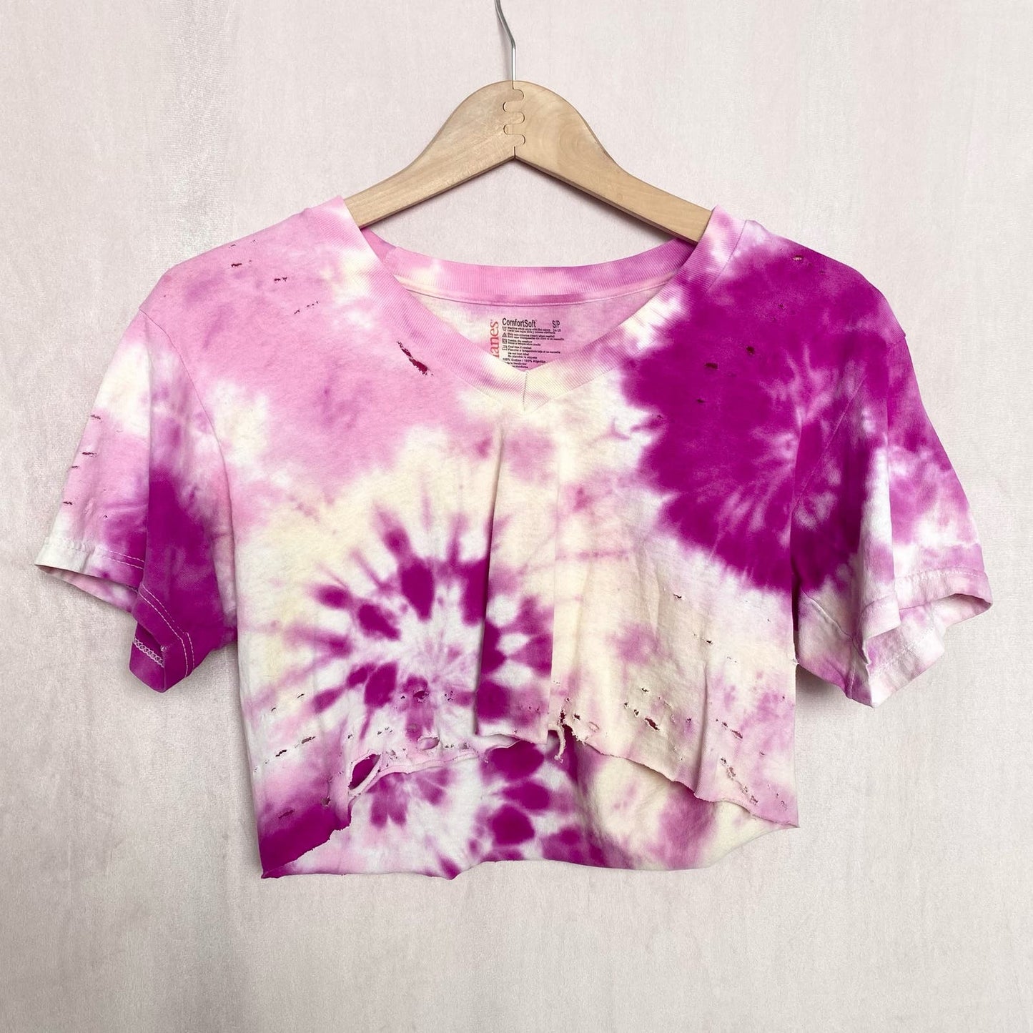 Upcycled Distressed Pink Purple Tie Dye Crop Tee, Size Small