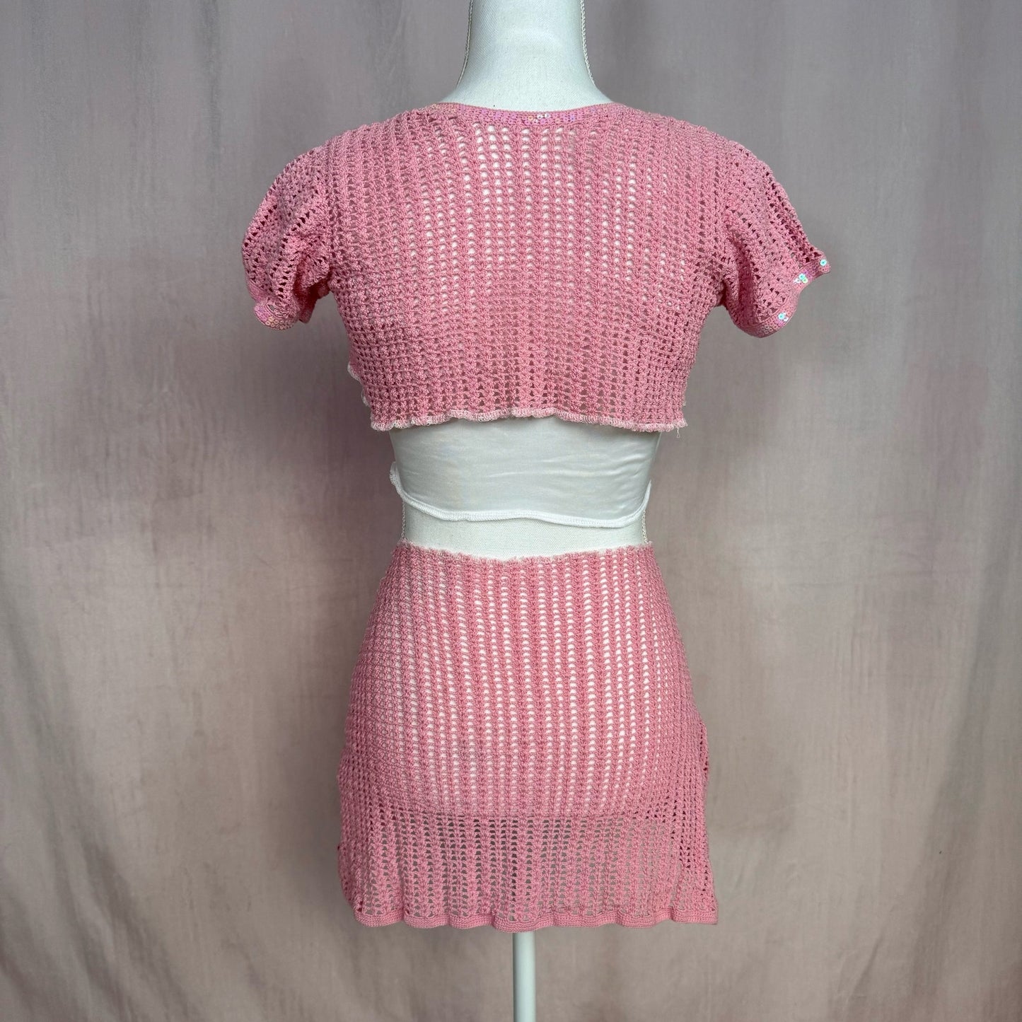 Upcycled Vintage Pink Crochet Shrug & Skirt Set, Size Small