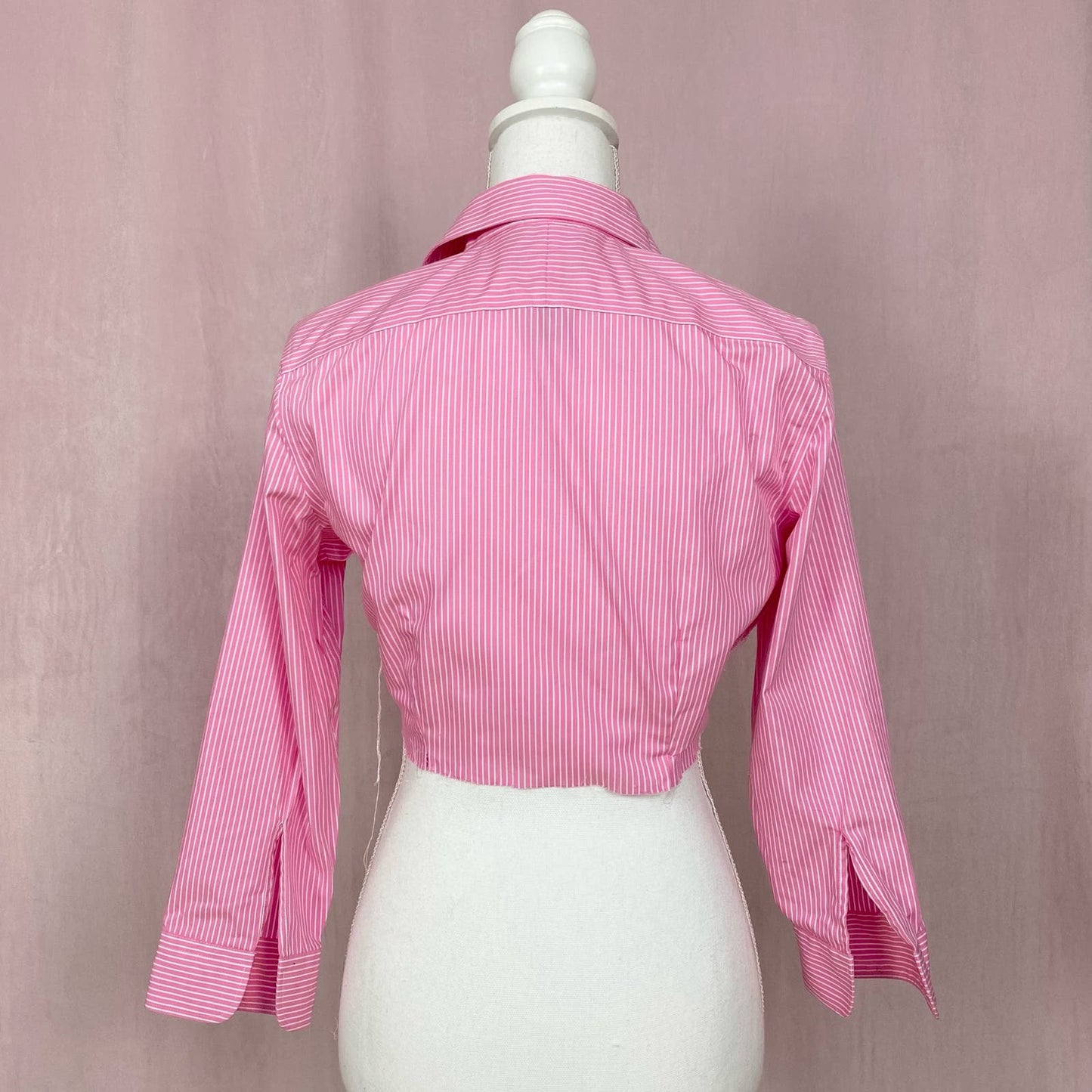 Upcycled Ralph Lauren Pink Stripe Crop Button Up Top, Size XS