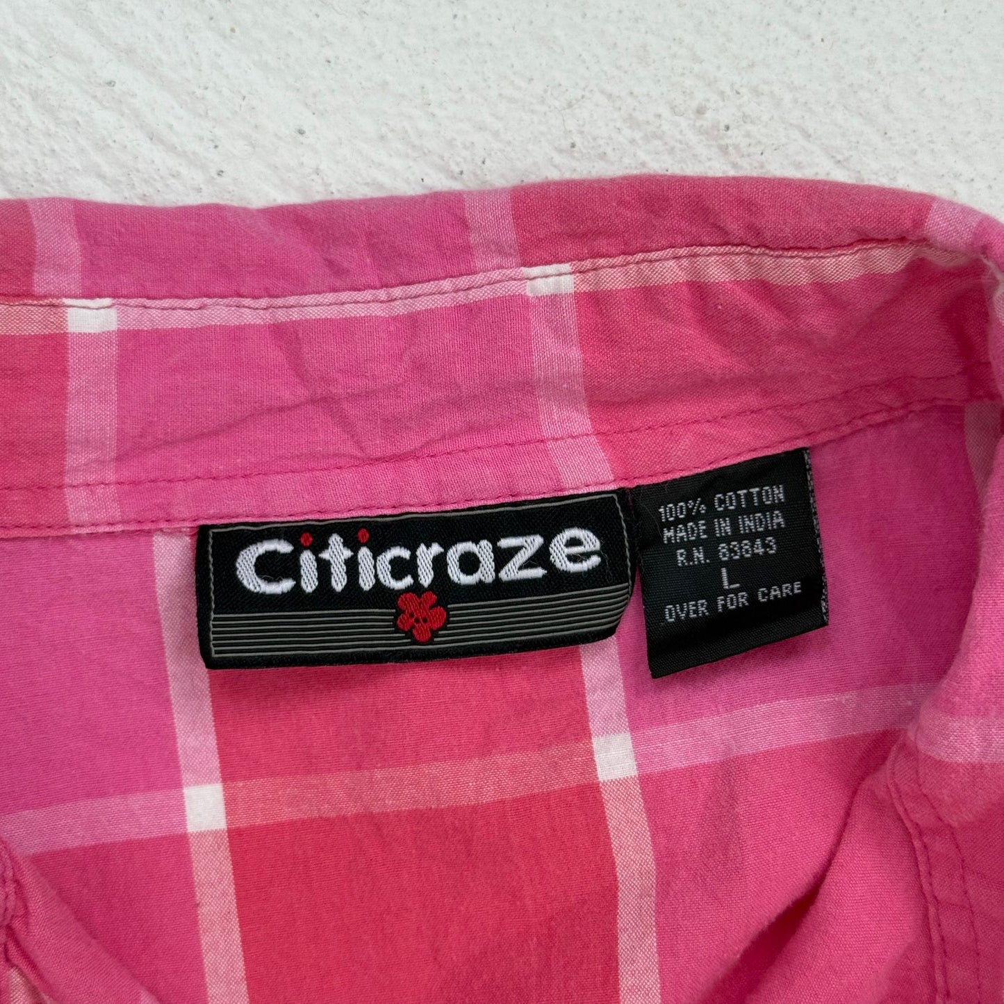 Upcycled Vintage Citicraze Pink Plaid Cropped Button Up Shirt, Size Large