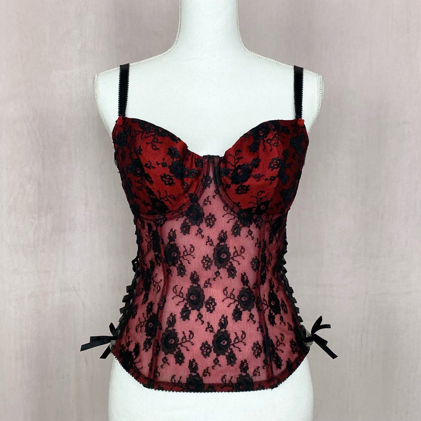 Vintage Red & Black Mesh Lace Corset Top