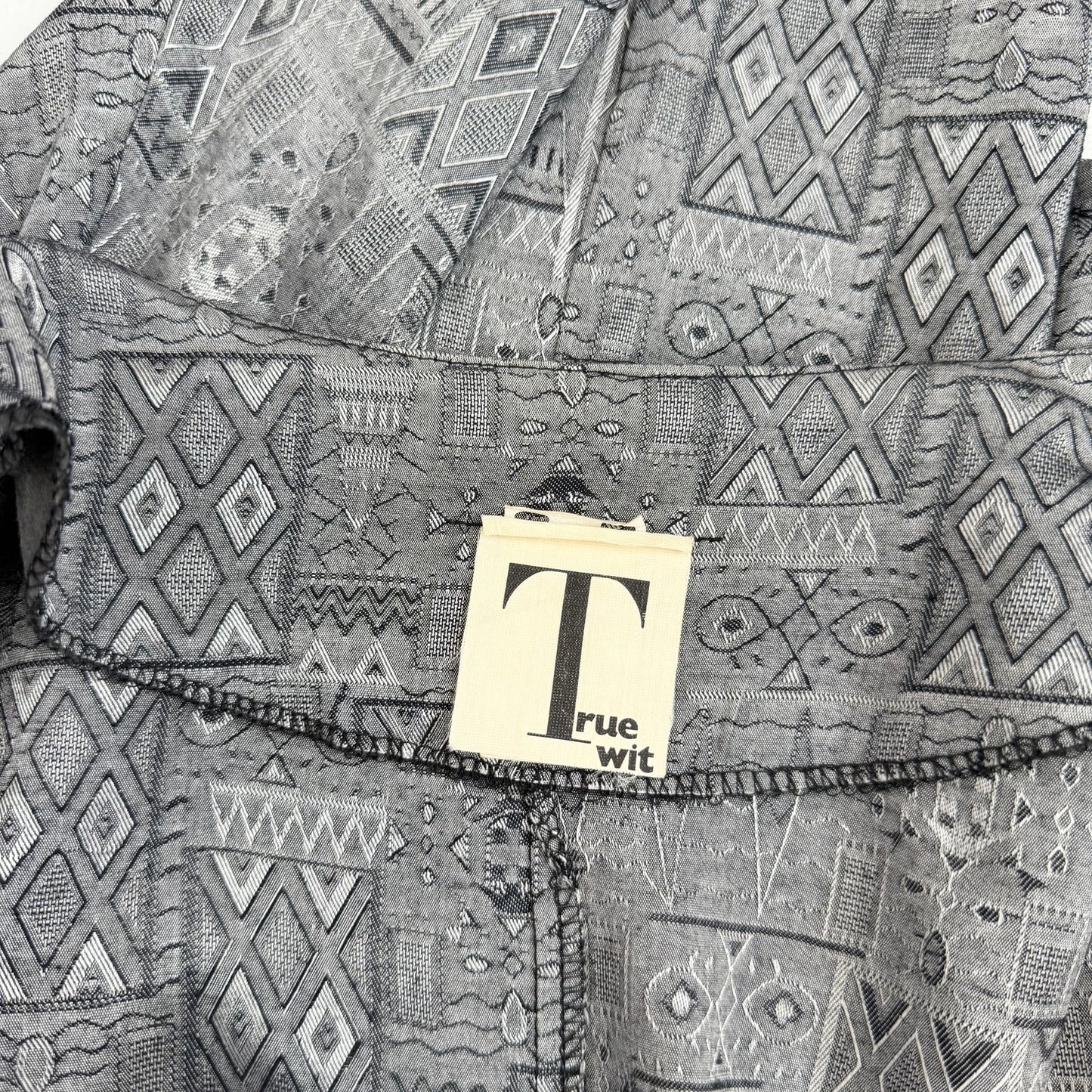 Vintage 80s True Wit Skirt Suit Set Gray Satin Geometric Print, Size 5/6